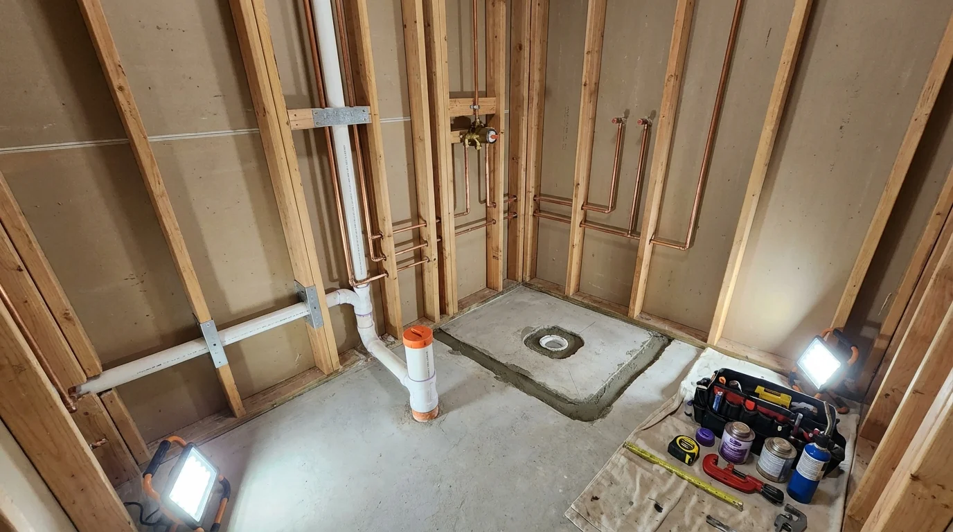 Bathroom rough-in plumbing during remodel by Johns Plumbing LLC in Acton