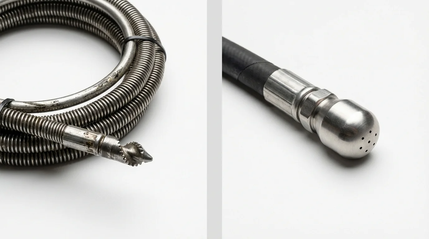 Drain snake cable and hydro jetting nozzle used for drain cleaning in Acton, CA