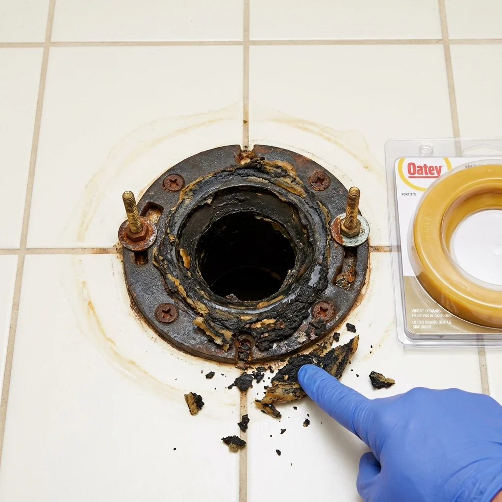 Failed wax ring showing water seepage at the base of a toilet in a Acton, CA home
