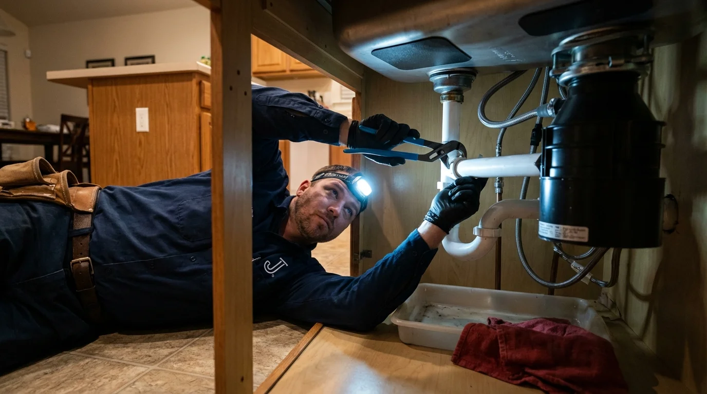 P-trap and supply line connections under a kitchen sink showing a common leak point in Acton, CA
